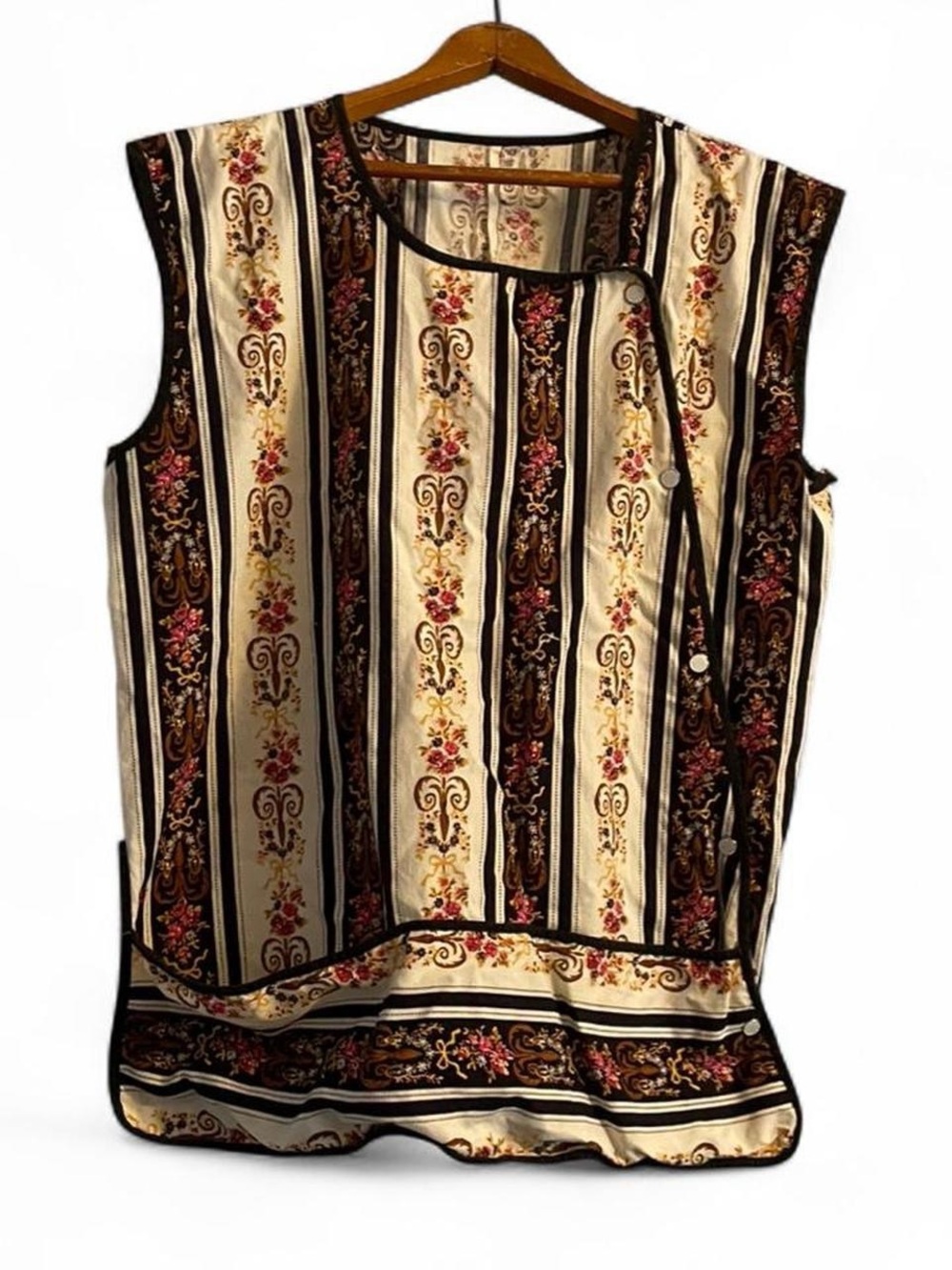Vintage Handmade Snap Apron Striped Floral House Vest Cottagecore Grannycore